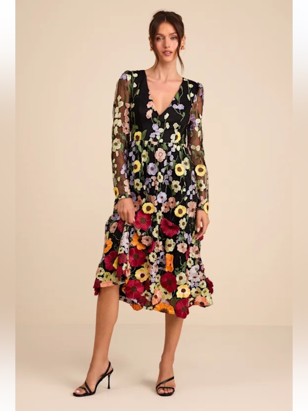 Lulus Impressive Blossom Black 3D Floral Embroidered Midi Dress XL formal dressy